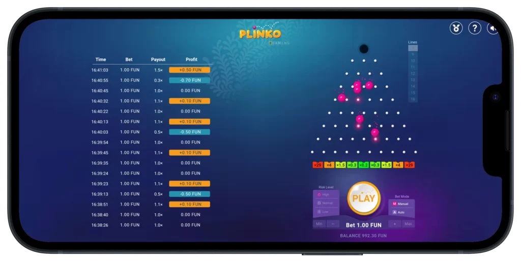 Žaidimas Plinko App Mobile žaidimo eiga.